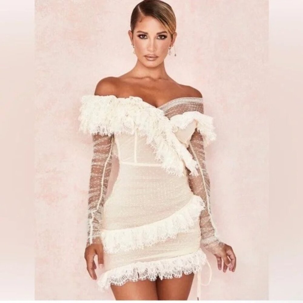 House of CB Cream Lace Ruffle Mini Dress